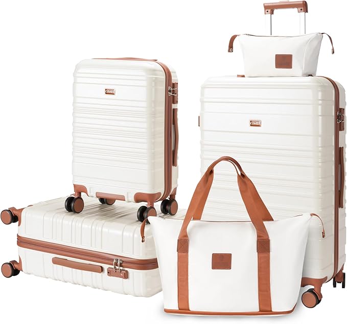 5 Piece Luggage Set, 100% PC Hardside Luggage with Spinner Wheels, Suitcase withTsa Approved Lock, Lightweight Travel for Men and Women, Beige (20/24/28/DB/TB)