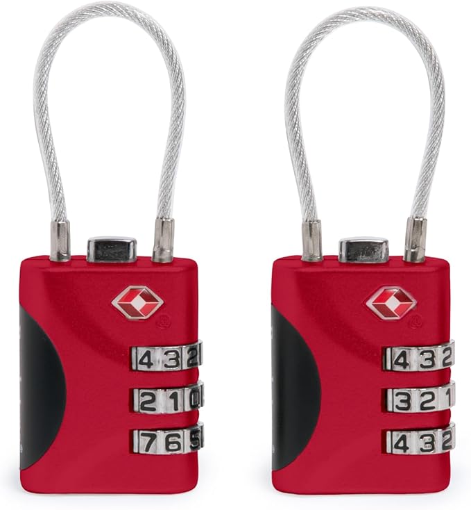 Brookstone Cable Lock - 2 Pack TSA-Approved 3-Digit Keyless Luggage Travel Lock - Resettable Combination Wire Padlock, Red