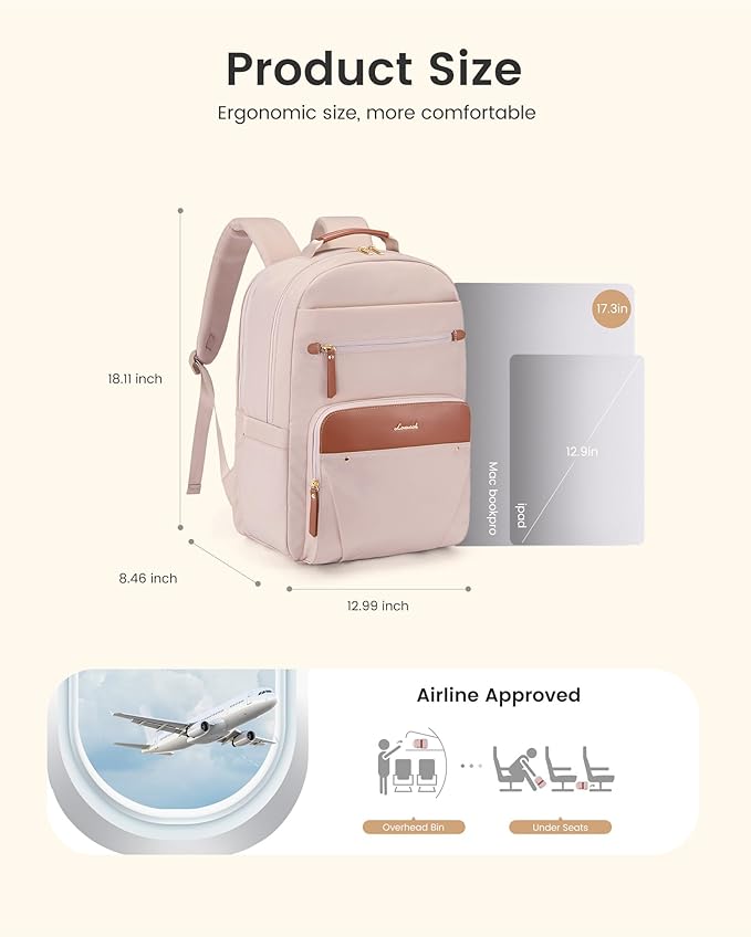 LOVEVOOK Laptop Backpack for Women with Leather Trim & Tumbler Pockets, 17.3" Work Backpack Purse, Travel Personal Item Bag, Carry On Business Computer Bag for Office, School, or Gift, Apricot Brown