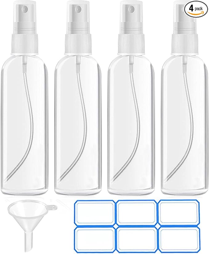 4 Pack 3.4 Oz (100ml) TSA Approved Travel Bottles, Travel Size Containers Spray Bottles with Labels - Fine Mist, Refillable, Reusable, Leak Proof