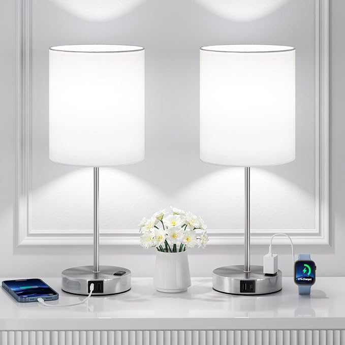 17.6" Silver Touch Lamps for Bedroom Set of 2, Dimmable, USB C+A, AC Outlet | Large 17.6" Tall Lamp, 3-Way Dimming, 5000K Daylight Bulbs, White Lampshade Silver Base, for Living Room, Boys, Men, Girls