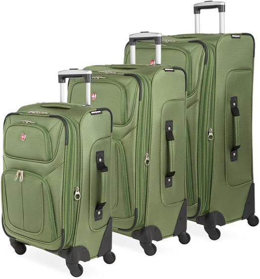 SWISSGEAR Sion Softside Expandable Spinner Luggage Durable Lightweight Travel Suitcase, Evergreen, 3-Piece Set (21/25/29)