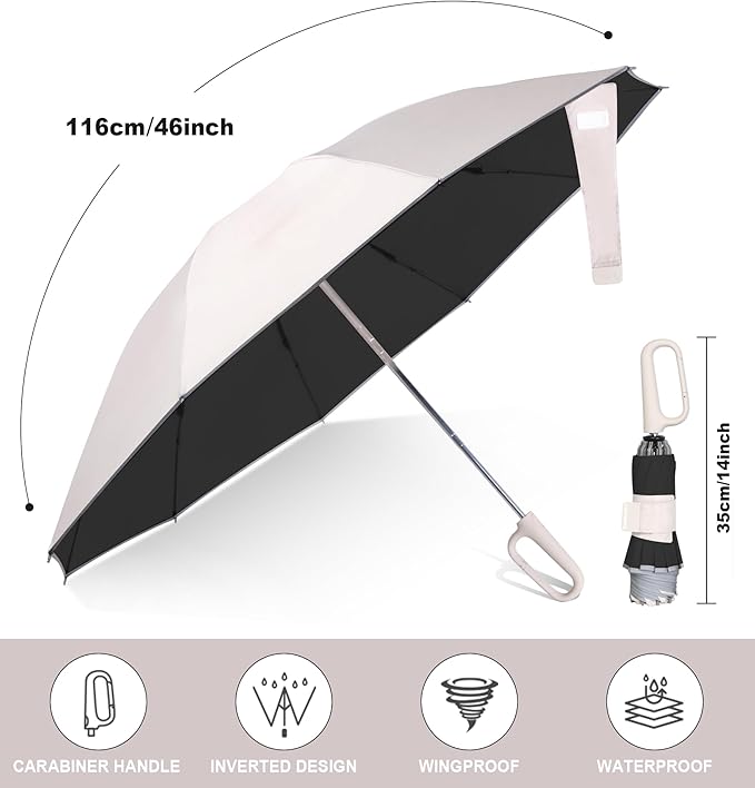 QWB TUMAAOTU Inverted Umbrella with Carabiner Handle, Compact Wind Proof Umbrellas For Rain and Sun Protection, Portable Reverse Folding Umbrella, Car Umbrella for Women Men, 10 Ribs