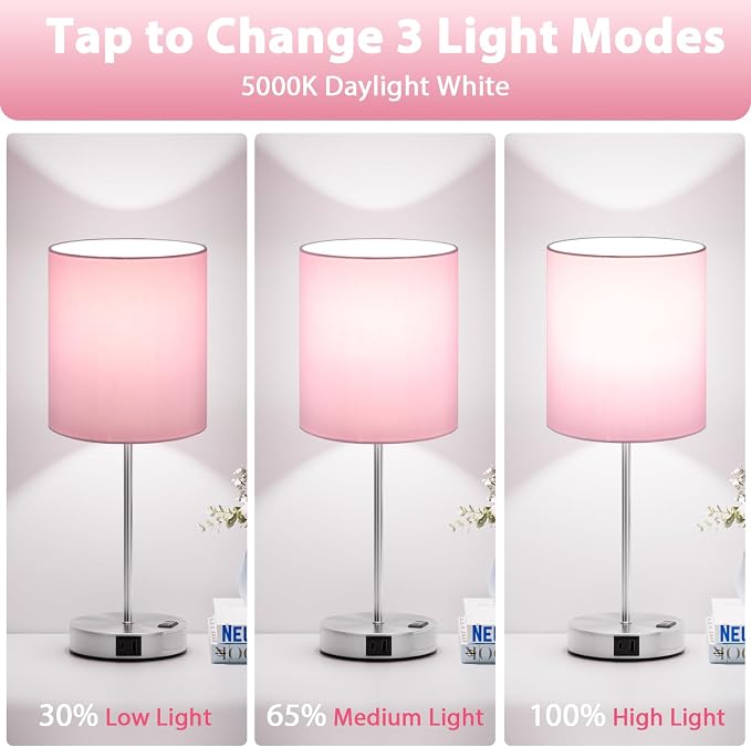 17.6" Pink Touch Lamps for Bedroom Set of 2 - Dimmable, USB C+A, AC Outlet | Large 17.6" Tall Lamp, 3-Way Dimming, 5000K Daylight Bulbs, Pink Lampshade Silver Base, Decor for Living Room, Boys, Girls