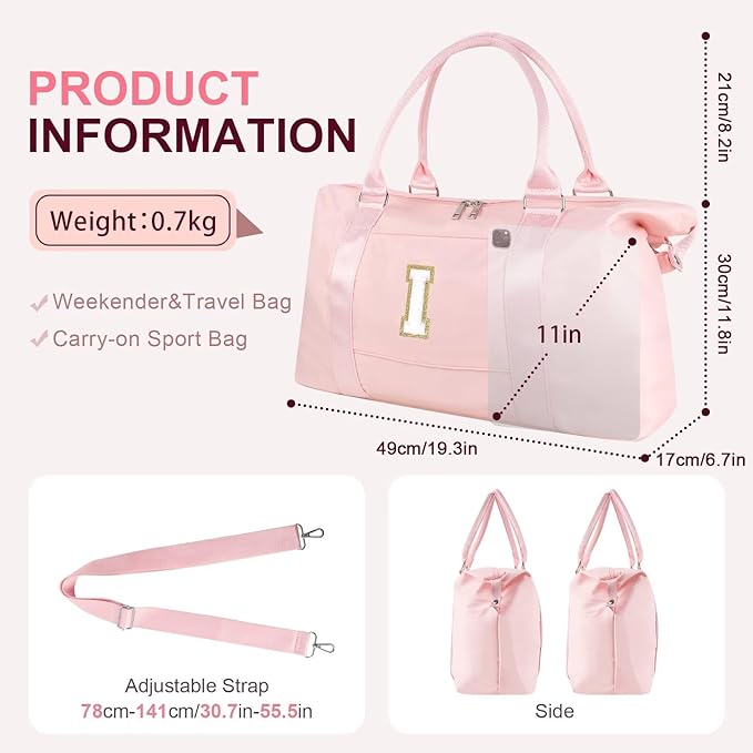 Dance Gym Duffel Bag for Teen Girls, Personalized Initial Travel Weekender Bag,Cute Overnight Carry On Duffle for Women,Sports Travel Cheer Bag,Monogram Christmas Gifts for Tween Preppy(pink-I)