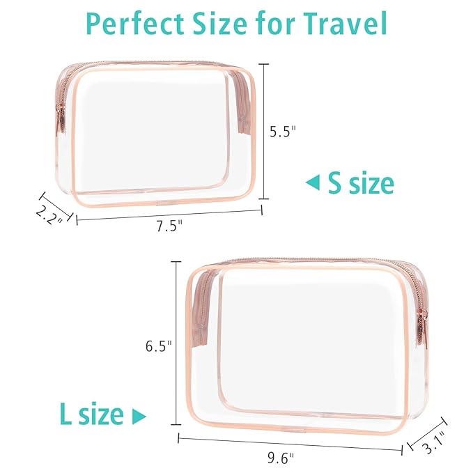 F-color 2 Pack Clear Makeup Bag, 1 Medium TSA Approved Toiletry Bag Quart Size Carry On & 1 Large for Checked Luggage, Water-resistant Clear Travel Bags for Toiletries, Rose Pink
