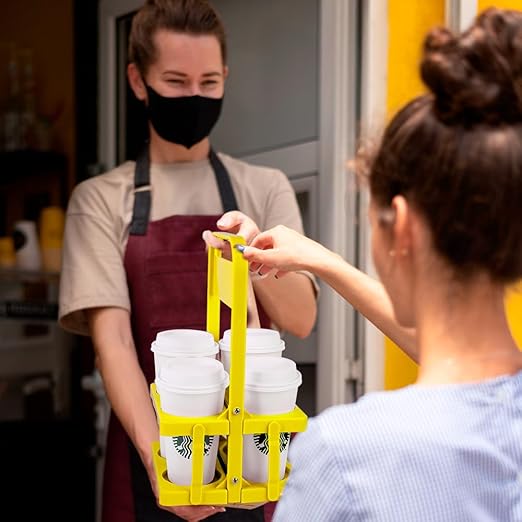 Bodaon 4 Cup Drink Carrier with Handle, Plastic Cup Carriers for Drinks, Drink Holder for Car, Take Out Delivery Drivers Accessories, Portable Foldable Reusable Mobile, Use for Food Delivery Bag