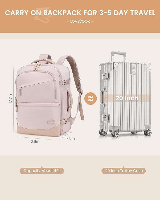 LOVEVOOK Travel Backpack for Women & Men, 40L Carry on Backpack Airline Approved, Large TSA Personal Item Travel Bag fits 17.3" Laptop, Business Weekender Bag for Essentials, 4Pcs