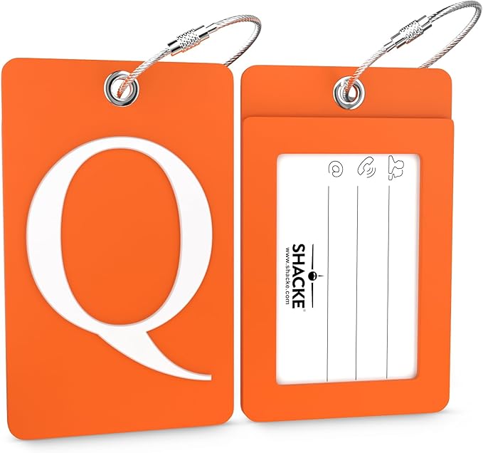 Shacke Luggage Tag Initial – Fully Bendable Tag w/Stainless Steel Loop - Orange (Letter Q)