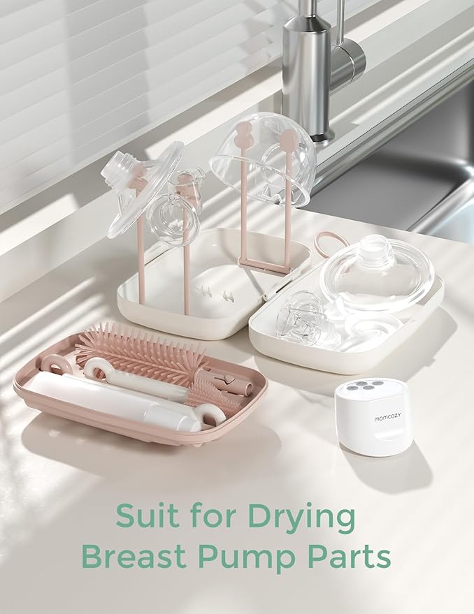 Momcozy 7-in-1 Baby Bottle Cleaner Kit with Silicone, Nipple & Straw Brushes, Soap Dispenser and Drying Rack - Portable Cleaning Tool for Home and Travel, Pink