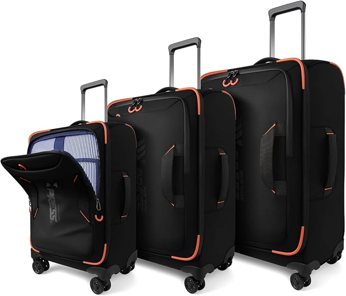 3-Piece Softside Upright Luggage Set with Front Open Pocket, Lightweight and Waterproof Durable Suitcase Sets Double Spinner Wheels（Black, 22in/26in/30in）