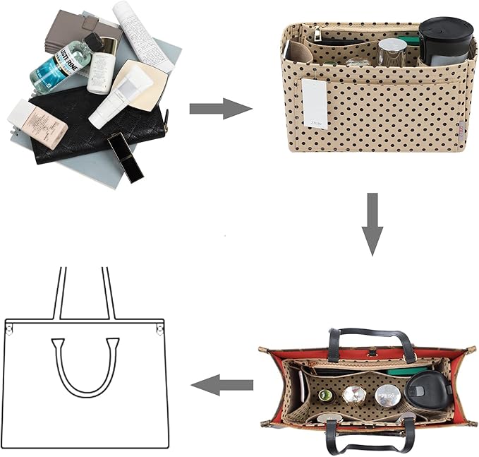 ZTUJO Purse Organizer Insert For Handbags, Silky Touching Bag Organizer Insert With Bottle Holder, Perfect for Speedy, Neverfull, Tote,ONTHEGO,Artsy,Handbag and More (small, Brown polk dots Beige)