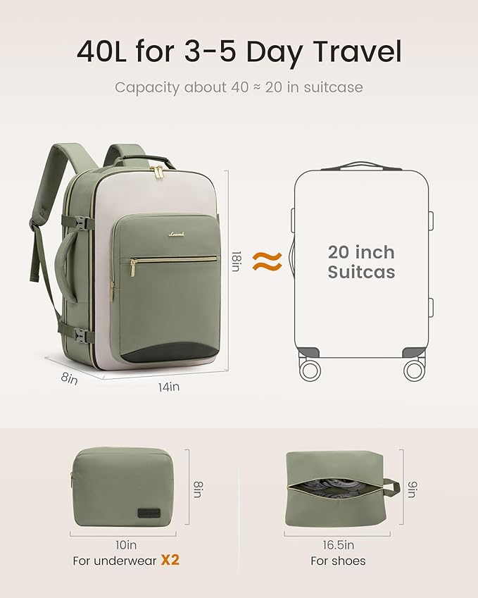 LOVEVOOK 40L Large Travel Backpack for Women, Carry on Backpack Airline Approved, Waterproof Travel Essentials fits 18" Laptop, TSA Personal Item Travels Bag Sports Backpack with 3 Packing Cubes