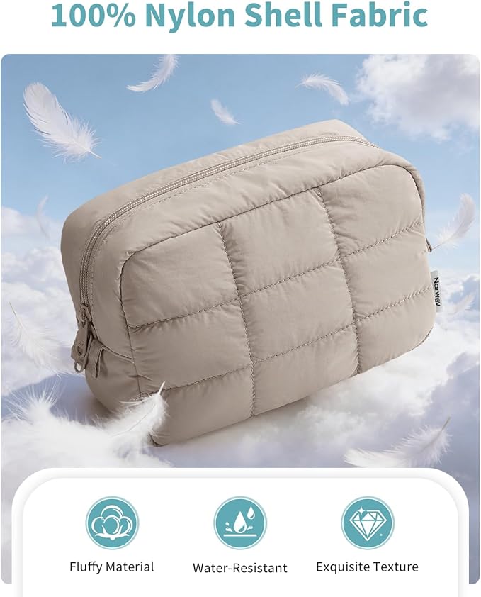 Narwey Quilted Makeup Bag for Women Girl, Puffer Travel Cosmetic Bag Puffy Make Up Bag Organizer, Cute Travel Toiletry Bag for Toiletries (Khaki)