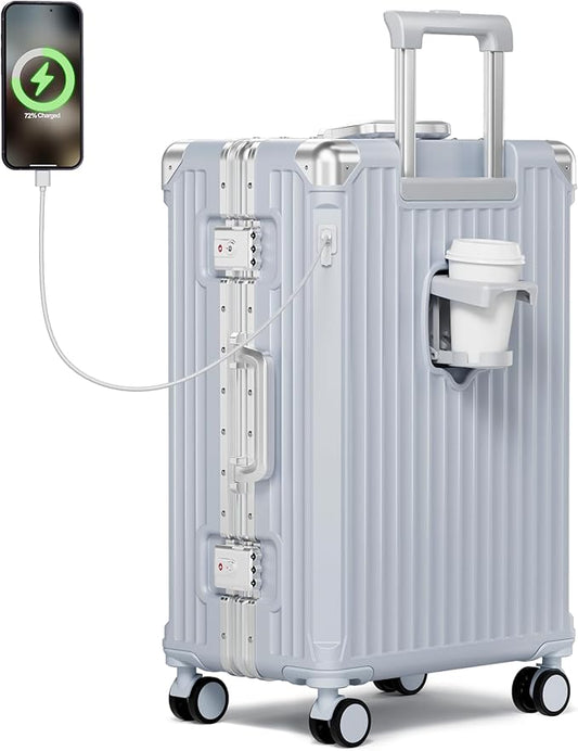 Krute Zipperless Luggage with Spinner Wheels Checked Aluminum Frame Luggage PC Hard Shell Suitcase with Charger and Cup Holder TSA Lock No Zipper 24 Inch Suitcases