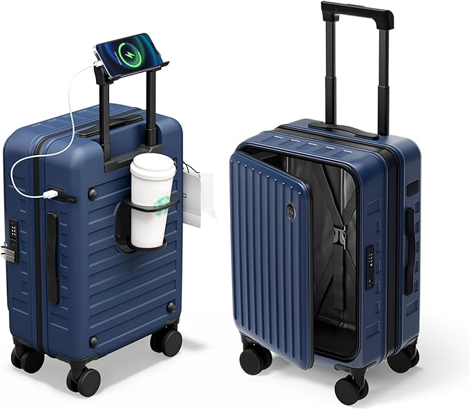 Expandable Lightweight PC Hard Shell Suitcase, 20-inch Luggage with TSA Lock, Top Opening & Cup Holder - Ideal for Business Travel Suitcase (Blue, Carry-on 20-Inch)