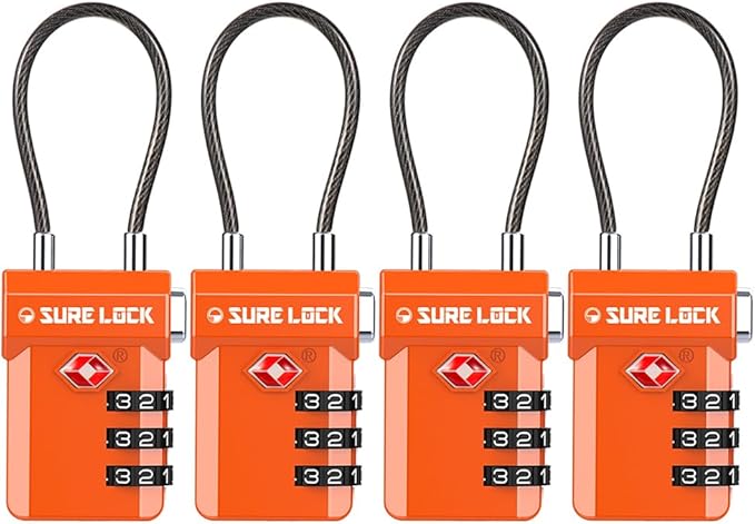 SURE LOCK TSA Approved Luggage Locks – 3-Digit Combination Cable Lock with Red Indicator, Large Dial & Easy-Press Button for Suitcases and Backpacks – Multi-Pack & Color Options