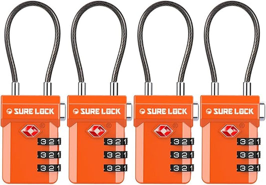 SURE LOCK TSA Approved Luggage Locks – 3-Digit Combination Cable Lock with Red Indicator, Large Dial & Easy-Press Button for Suitcases and Backpacks – Multi-Pack & Color Options