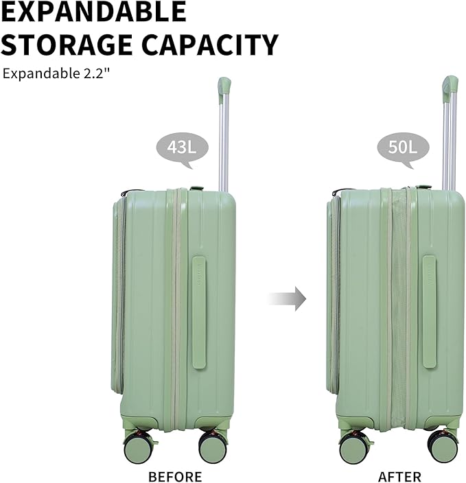 20 Inch Top Opening Carry On Luggage 22x14x9 Airline Approved Expandable With Spinner Wheels & Cup Holder,PC Hard Shell Lightweight Small Shitcase With Tsa Approved For Travel Women Men,Green