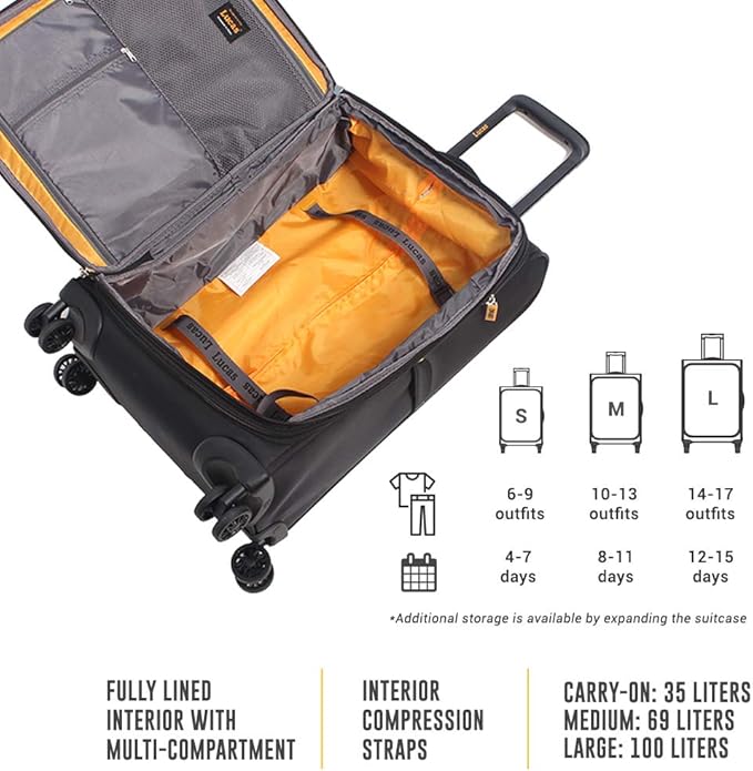 LUCAS Designer Luggage Collection - Expandable 24 Inch Softside Bag - Durable Mid-sized Ultra Lightweight Checked Suitcase with 8-Rolling Spinner Wheels (Black)
