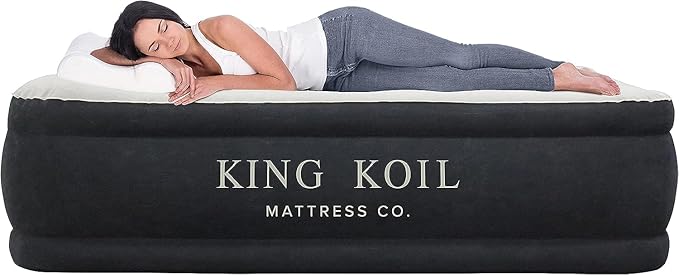 King Koil Luxury Pillow Top Plush Queen Air Mattress with High-Speed Built-in Pump, Blow Up Bed Top Side Flocking, Puncture Resistant, Double High Inflatable Airbed Guests & Travel 1-Year Warranty