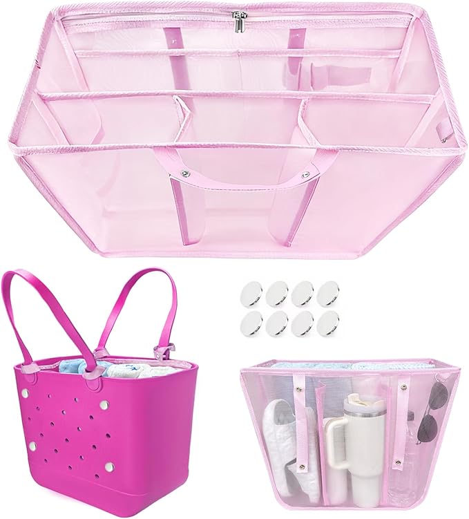 XYFuuee Beach Bag Organizer Insert for XL Simple Modern Bag Accessories, with 8 Removable Metal Fasteners, Extra Large Lightweight Mesh Inserts Divider Pouch, Organizing Rubber Tote, Save Space, Pink