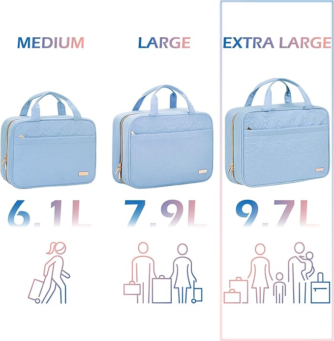 NISHEL Travel Toiletry Bag for women, Portable Hanging Organizer for Family-Sized Shampoo, Conditioner, Brushes Set, Makeup Accessories, Extra Large Size, Placid-Blue