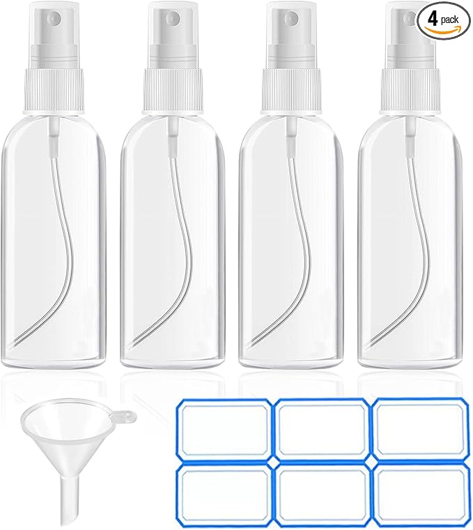 4 Pack 1 Oz (30ml) Mini Spray Bottles Clear Travel Size Spray Bottles Leak Proof with Funnels and Labels