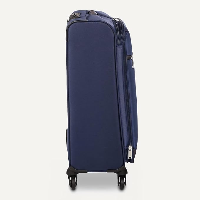 Amazon Basics 28" Large Checked Softside Expandable Suitcase with 360-Degree Multi-directional Spinner Wheels, Zippered Pockets, Telescoping Handle, Spacious, Navy Blue