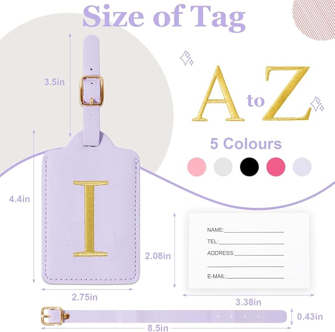Personalized Initial Luggage Tags for Suitcases,Leather Letter Cute Luggage Tags with Privacy Name Card,Embroidered Monogrammed Travel Bag Backpack Tag Gifts for Women Kids Girls Teens(Purple-I)