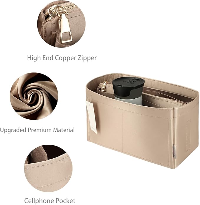 Purse Organizer Insert For Handbags, Purse Organizer With Zipper, Neverfull Organizer, Bag Organizer For Speedy Neverfull ONTHEGO Tote, Handbag and More (Silky Beige, small)