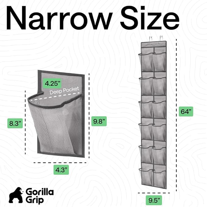 GORILLA GRIP Over the Door Shoe Organizer, 12 Large Breathable Mesh Pockets, Space Saving Hanging Storage Holder, 2 Hook Closet Rack Hanger, Hangs on Closets for Shoes, Accessories, 64H x 9.5W Grey
