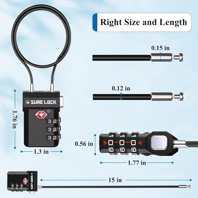 SURE LOCK TSA Approved Luggage Locks – 3-Digit Combination Cable Lock with Red Indicator, Large Dial & Easy-Press Button for Suitcases and Backpacks – Multi-Pack & Color Options