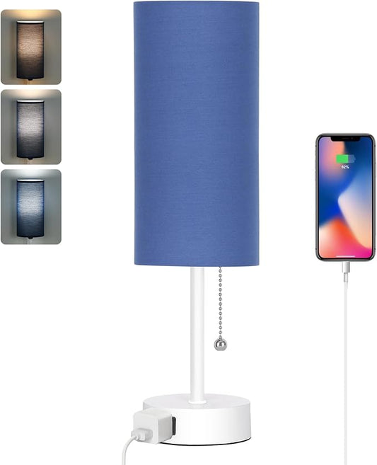 Dott Arts Table Lamp for Bedroom, 3-Color Bedside Lamps with Pull Chain | Bedroom Table Lamps for Nightstand,AC Outlet Small Lamp for Living Room, Bulb Included Blue