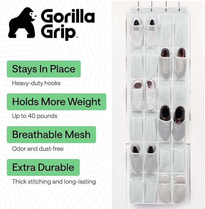 GORILLA GRIP Over the Door Shoe Organizer, 24 Large Breathable Mesh Pockets, Space Saving Hanging Storage Holder, Closet Rack Hanger Holds Up to 40 lbs, Hangs on Closets for Shoes, Accessories, White