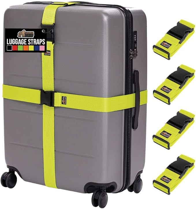 GORILLA GRIP Heavy Duty 4 Pack Adjustable Luggage Straps for Suitcases, Easy to Identify Travel Belt Connector Holds Suitcase Together, Extends Life of Bag, Strap Connects Two Bags, Accessories Yellow