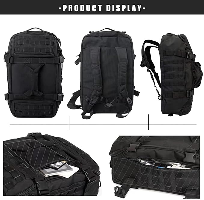 Travel Duffle Bag Backpack for Men - Large Tactical Bags Weekender Gym Bag for Overnight Traveling Military Workout Deployment Sports (Black, 25L)