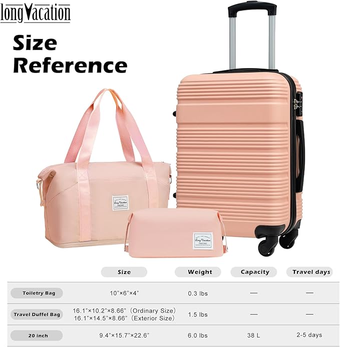 LONG VACATION 3 Piece Carry On Luggage 20 Inch Suitcase with Spinner Wheels, ABS+PC Hardshell Suitcase set with TSA Lock & YKK Zipper, Pink