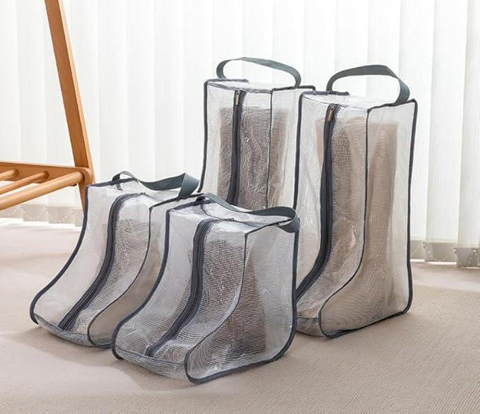 2 Set Boot Storage,Portable Short Boots and Tall Boots Storage or Protector Bag,Shoe Dust Bags,Shoe Sleeves for Travel,Clear Boots Cover,Shoes Packing Organizers for Adult Sneakers (Black Edge-Short)