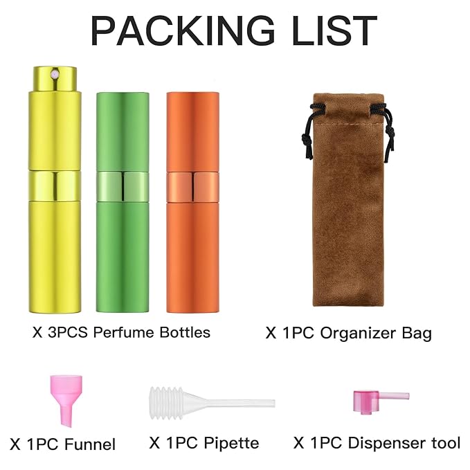 LISAPACK 8ML Atomizer Perfume Spray Bottle for Travel (3 PCS) Empty Cologne Dispenser, Portable Sprayer (Yellow, Green, Orange)