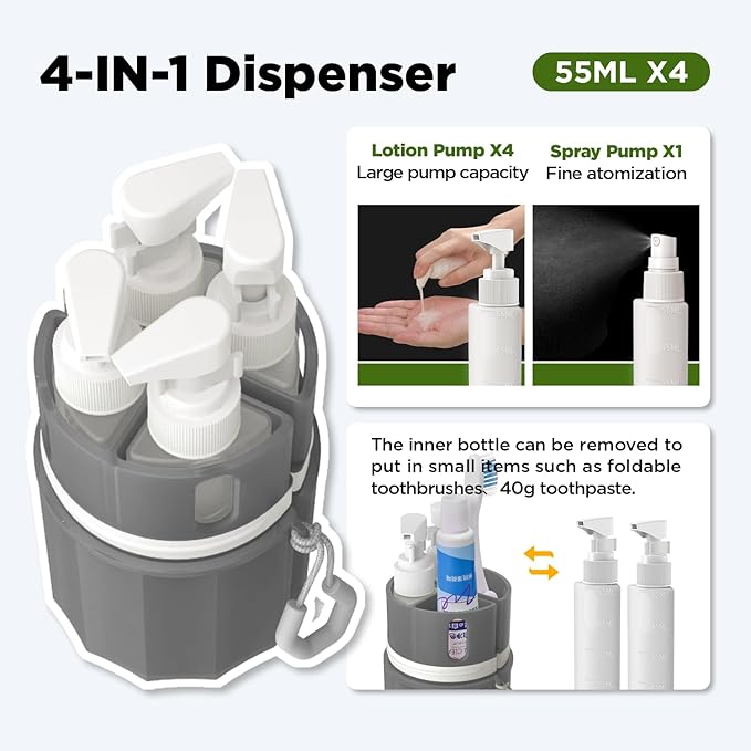 Travel Bottles for Toiletries, TSA Approved Travel Shampoo and Conditioner Bottles with Suction Cups, Gray