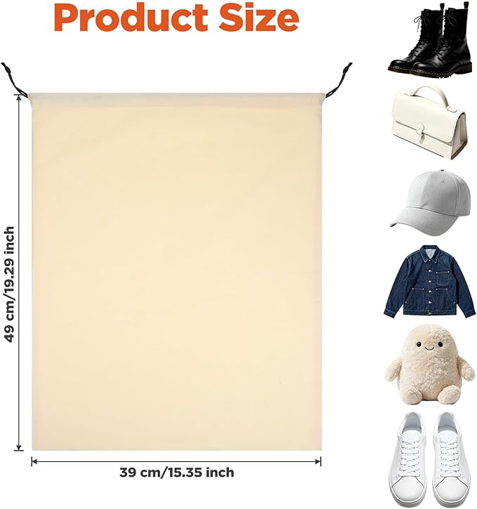 3 PCS Shoe Bags for Travel, Travel Shoe Bag with Drawstring, 15 x 19 in Flannel Shoes Dust Bags, Washable Dust Cover for Sneakers, Boots & Dress Shoes, Beige