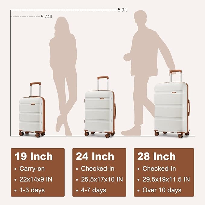 Kono Carry On Luggage 24 Inch Checked-Medium Hard Shell Travel Trolley 4 Spinner Wheels Lightweight Polypropylene Suitcase with TSA Lock, Cream White