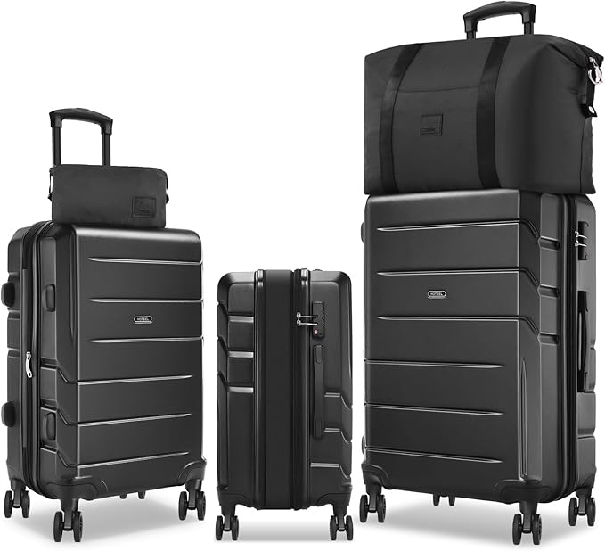 Hoteel Luggage Sets 5 Piece, 4-Yr Warranty, PC+ABS Hard Shell Expandable Suitcases with Wheels, TSA Aproved Lock and Carry on Bags, Travel Suit Case Set for Men and Women(5-Piece, Black)