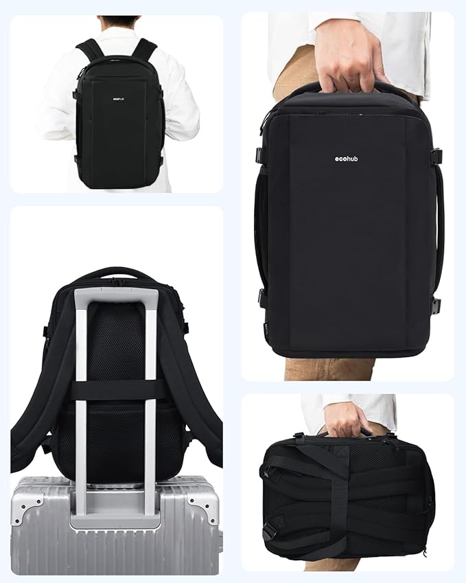 ECOHUB 40L Carry-On Travel Backpack, TSA-Friendly, Anti-Theft Water-Resistant Lightweight with 17.3″ Laptop Compartment, Durable PFAS-Free Rucksack, Black