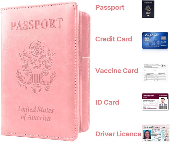 Passport Holder for Travel, 2 Pack Passport Cover, Waterproof Passport Wallet Leather Passport Holder Pen Holder Passport Holders for Women Men Family Travel Must Haves Essentials, Pink+Turquoise