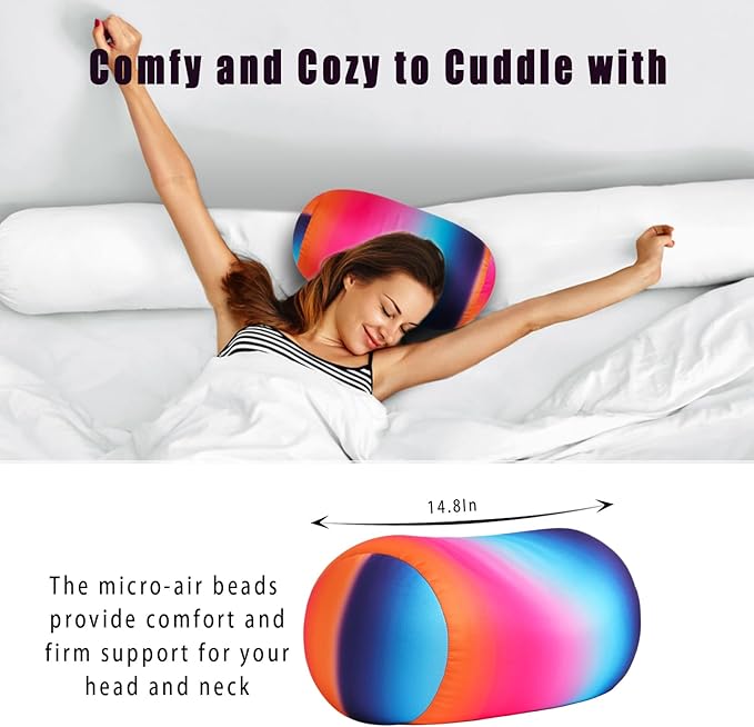Squishy Microbead Neck Pillow, 7Inch x 12Inch Soft Travel Body Bed Pillow Bean Pillow for Kids Adult Chair Sleeping Car Seat, Fun Dormroom (Pink Blue)
