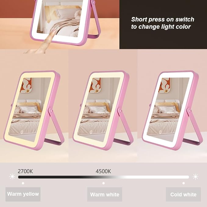 YEKKOPT Pink Rechargeable Vanity Mirror with Lights, 10"×7" LED Makeup Mirror with Lights, Smart Touch Control Dimmable 3 Modes Light, Lighted Up Mirror for Makeup Desk, Bedroom, Dressing Room