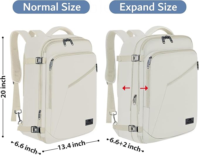 MATEIN Large Backpack for Travel Flight Approved, 45L Carry on Backpack with Padded Shoulder Straps for Adult, Men, Women, Expandable Daypack for Clothes, Travel Essentials, Beige