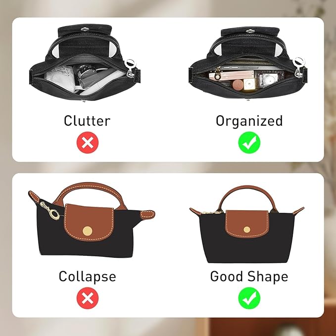 Small Purse Organizer Insert Compatible with Longchamp Mini LePliage Xtra/Original/Green XS Pouch, Felt Handbag Organizer Divider Shaper Inner with Zipper, Black/XS